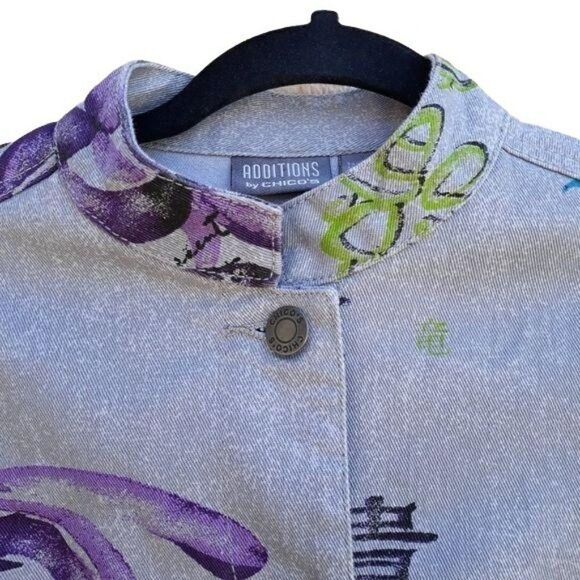 Vtg 90's Jacket Jean Artsy Military Streetwear Multimedia Asian Symbol Floral S - Picture 4 of 15